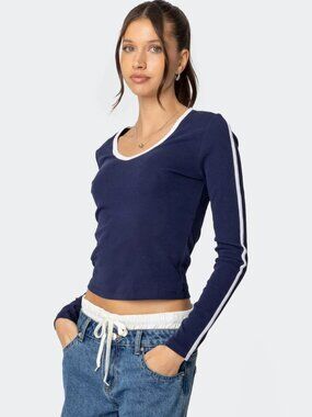 Edikted Contrast V Neck Long Sleeve T Shirt Navy Sz. XS